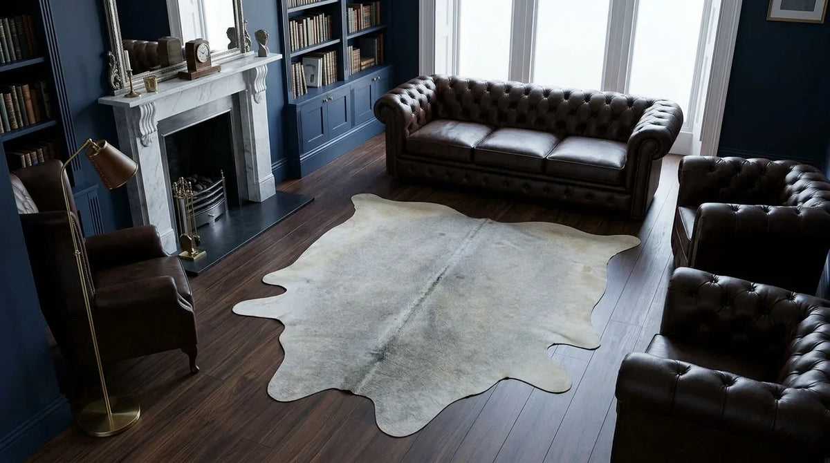 Grey cowhide rug on hardwood floor in london townhouse living room