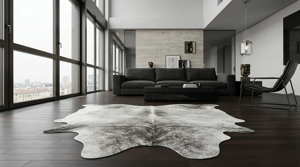 Kuhfell in Grau im Wohnzimmer im Mailänder Penthouse-Stil