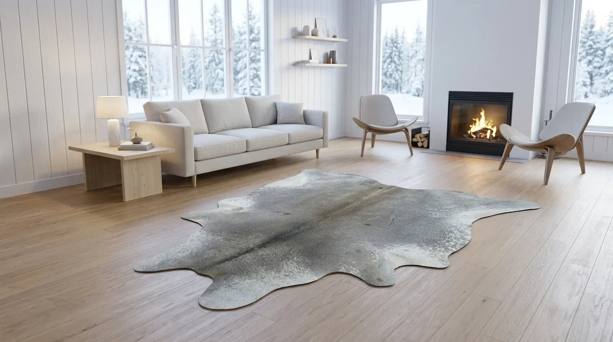 Grey cowhide rug on hardwood floor in scandinavian cabin living room