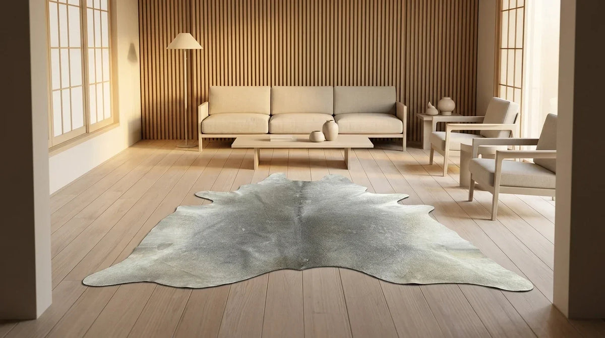 Grey cowhide rug on hardwood floor in tokyo minimal living room