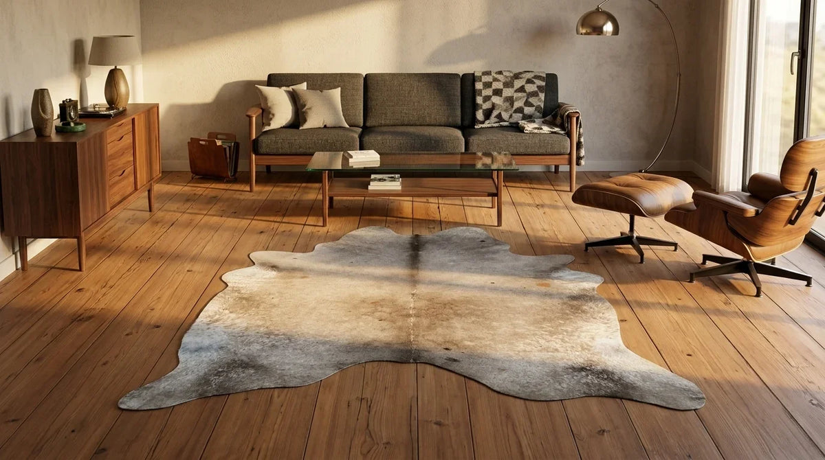 Grey cowhide rug on hardwood floor in midcentury modern living room