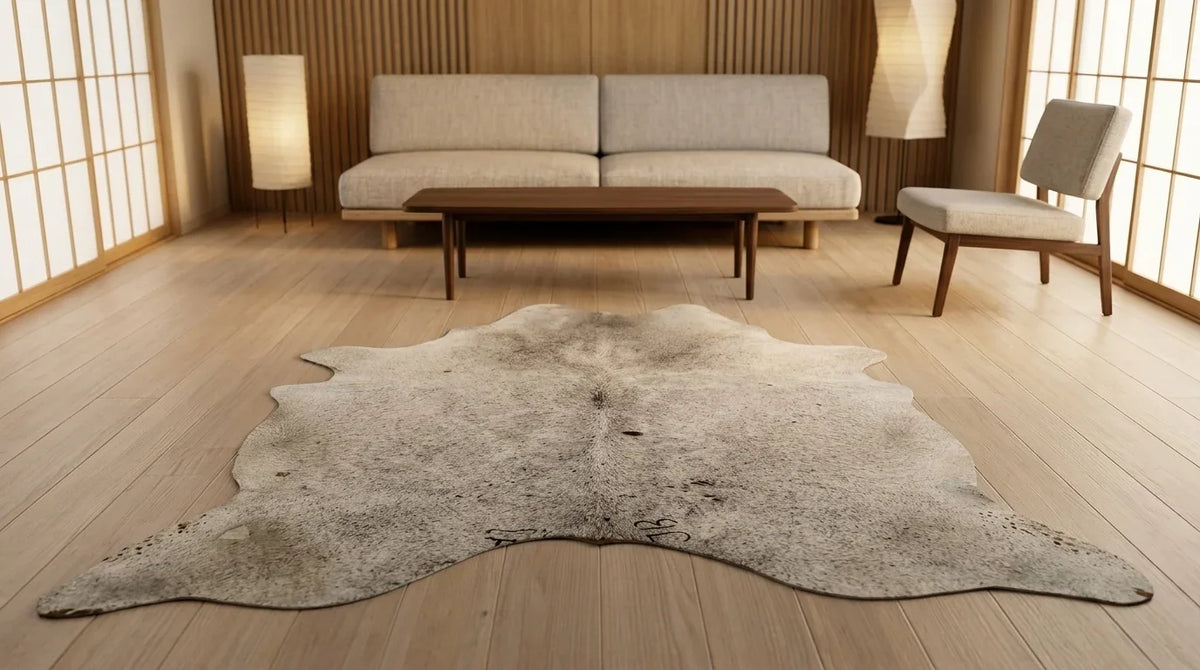 Grey cowhide rug on hardwood floor in tokyo minimal living room