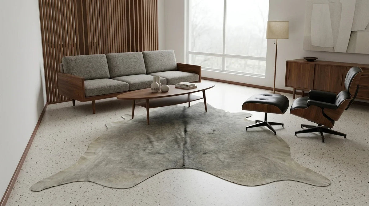 Grey cowhide rug on hardwood floor in midcentury modern living room