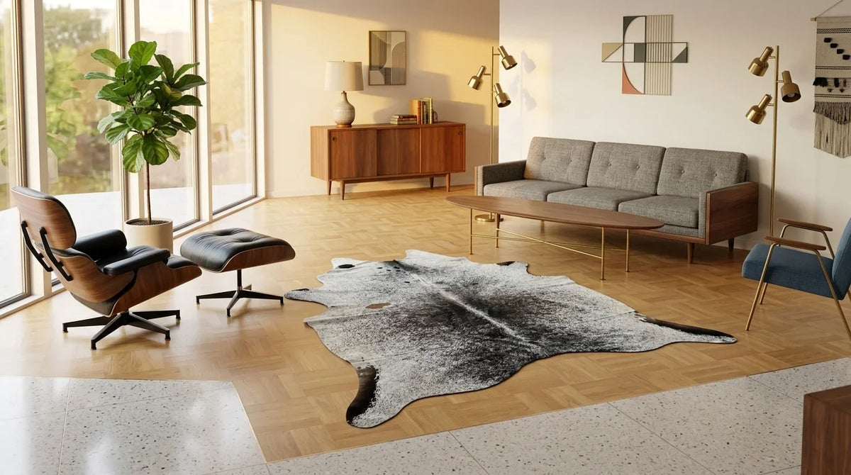 Kuhfell in Grau im Wohnzimmer im Mid-Century-Stil