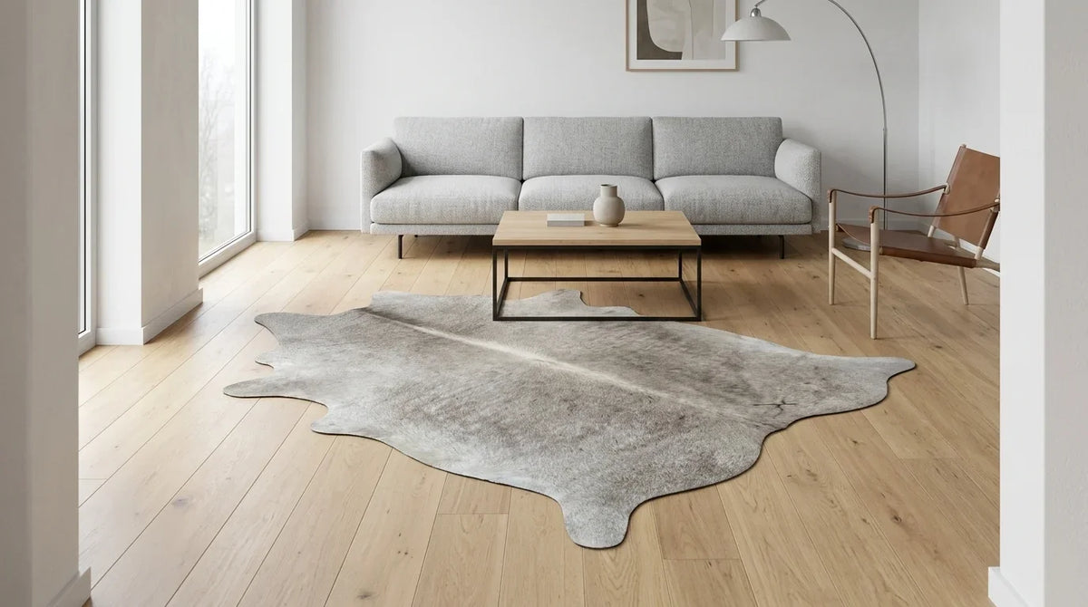 Grey cowhide rug on hardwood floor in contemporary european living room