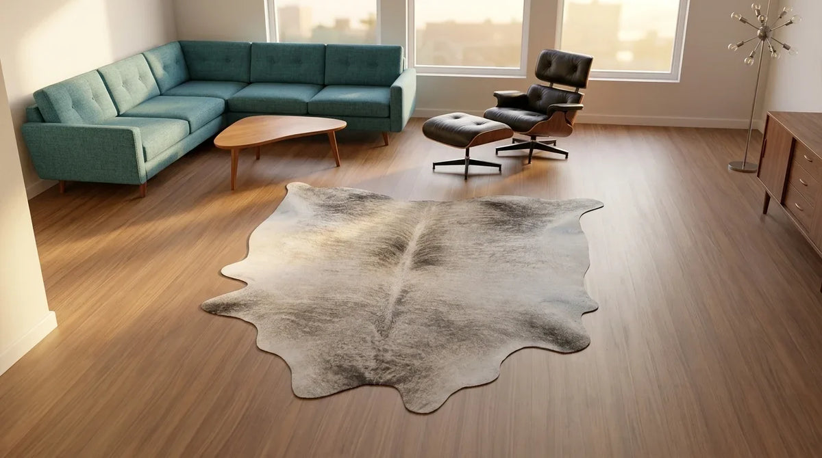 Grey cowhide rug on hardwood floor in midcentury modern living room