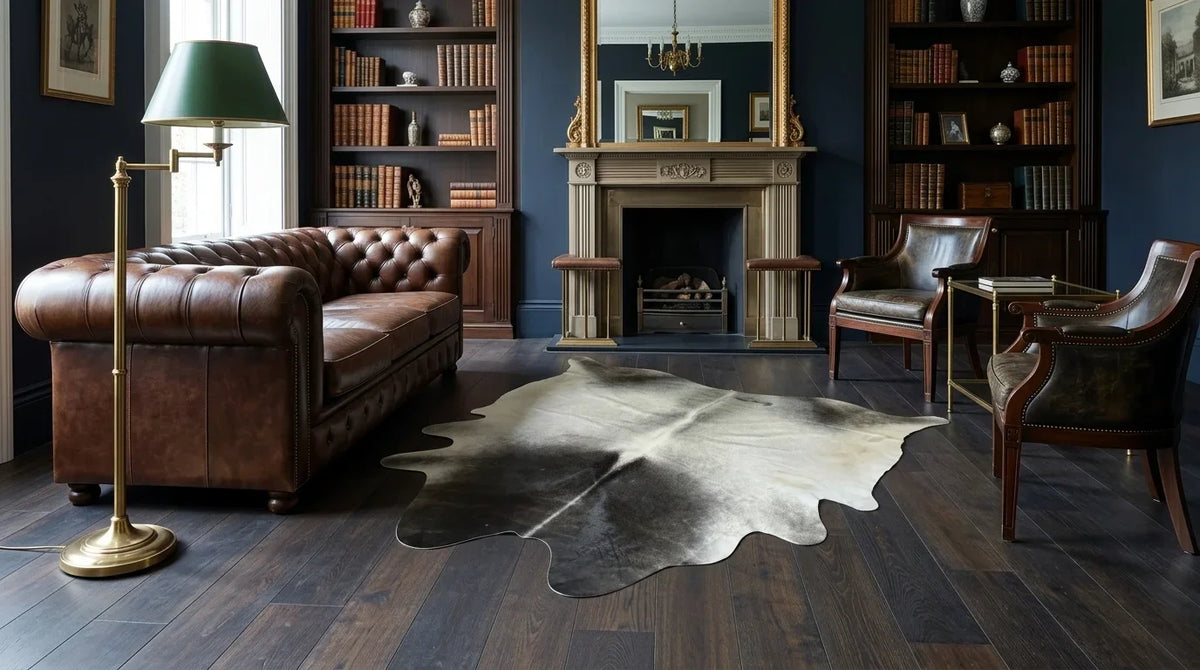 Grey cowhide rug on hardwood floor in london townhouse living room