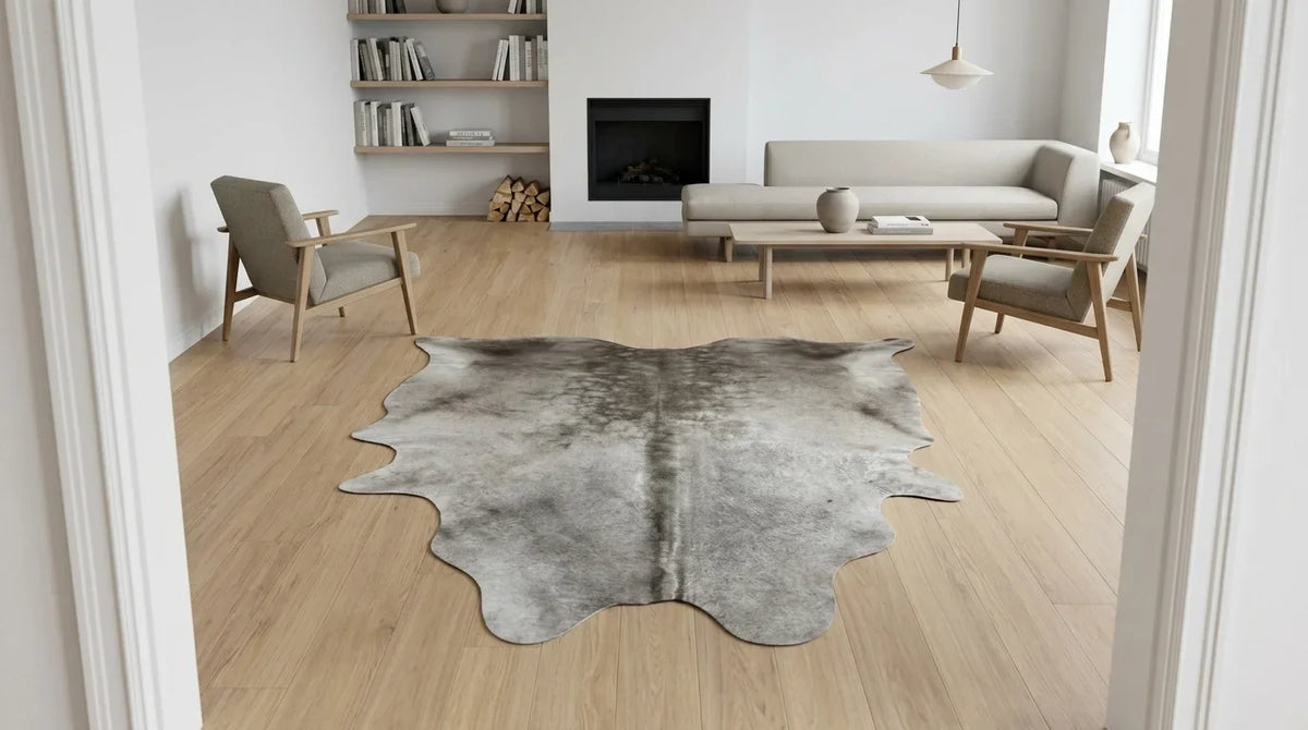Grey cowhide rug on hardwood floor in contemporary european living room
