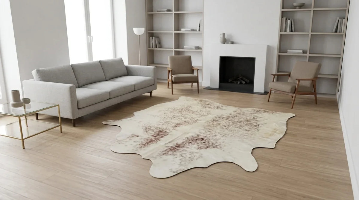 Kuhfell in Grau mit Salt-and-Pepper-Muster im Wohnzimmer im zeitgenössischen europäischen Stil