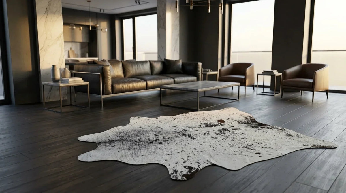 Kuhfell in Grau mit Salt-and-Pepper-Muster im Wohnzimmer im Mailänder Penthouse-Stil