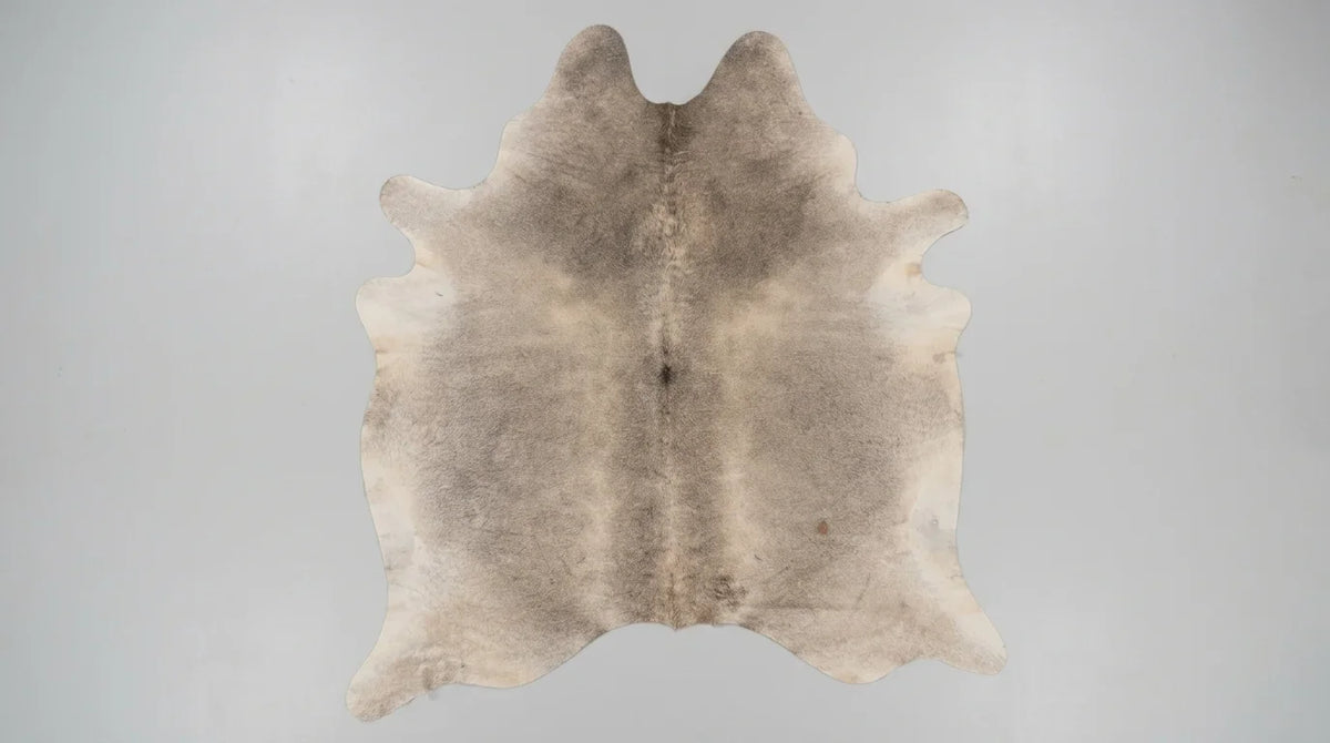 Grey cowhide rug flat lay on white background showing full hide shape