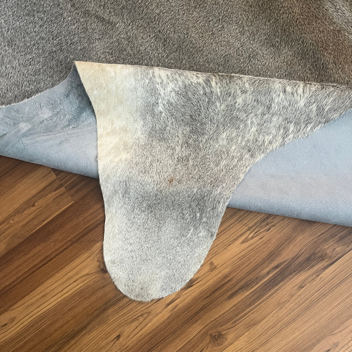 Close-up texture of Grey cowhide rug — Fine salt and pepper speckle with natural irregular patches and markings