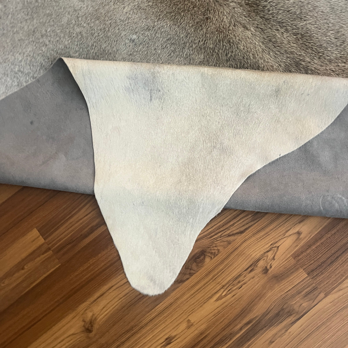 Close-up texture of Grey cowhide rug — Fine salt and pepper speckle with darker striping along center spine