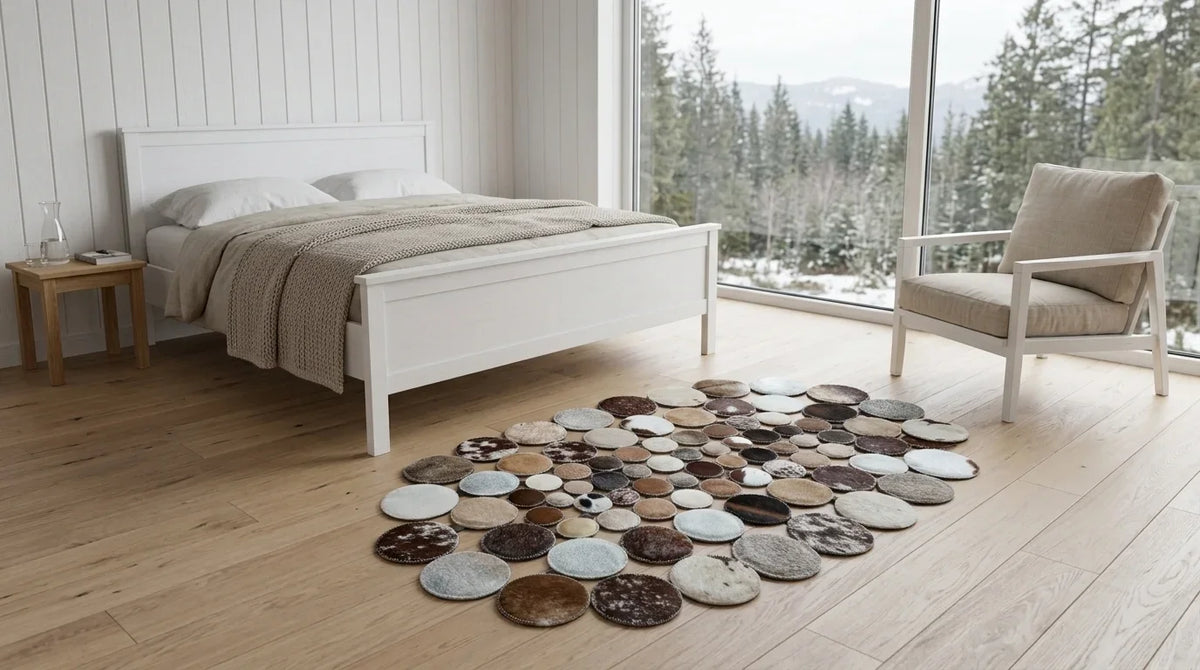 Mixed Tones round cowhide rug beside bed in scandinavian cabin bedroom