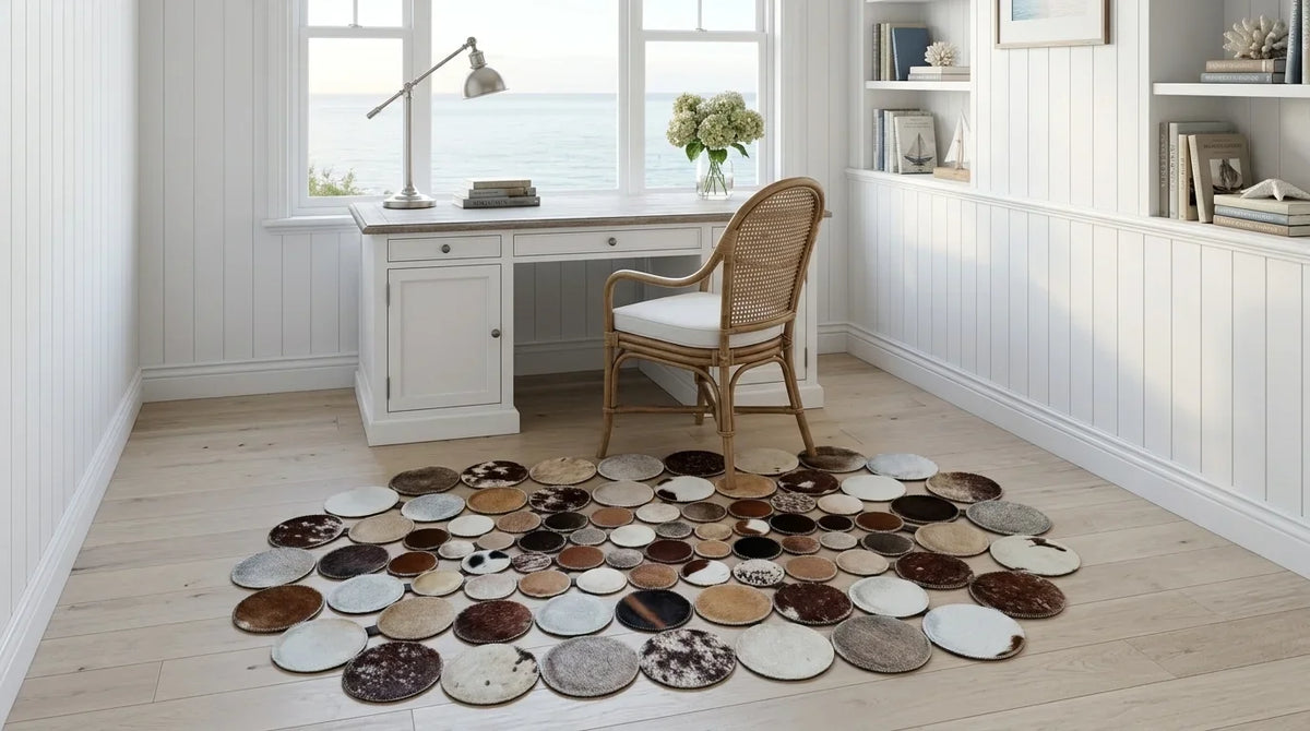 Mixed Tones round cowhide rug under desk in hamptons coastal home office