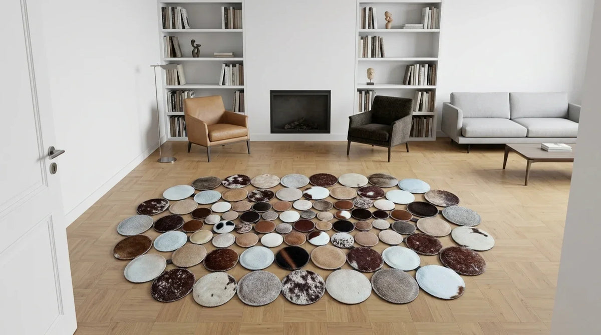Mixed Tones round cowhide rug on hardwood floor in contemporary european living room