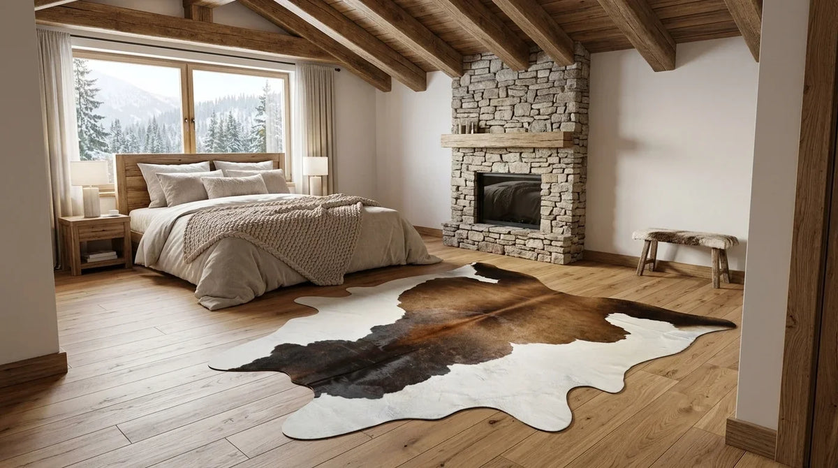 Tricolor cowhide rug beside bed in modern chalet bedroom
