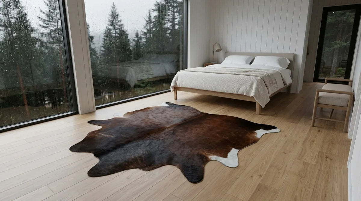 Tricolor cowhide rug beside bed in scandinavian cabin bedroom