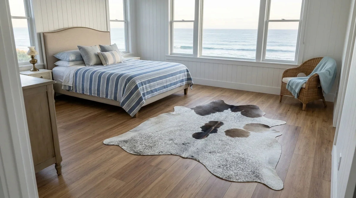Tricolor cowhide rug beside bed in hamptons coastal bedroom