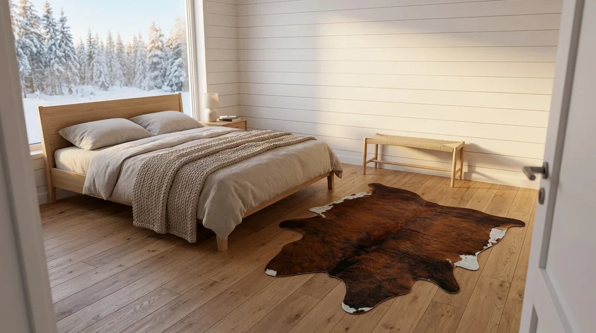 Tricolor cowhide rug beside bed in scandinavian cabin bedroom