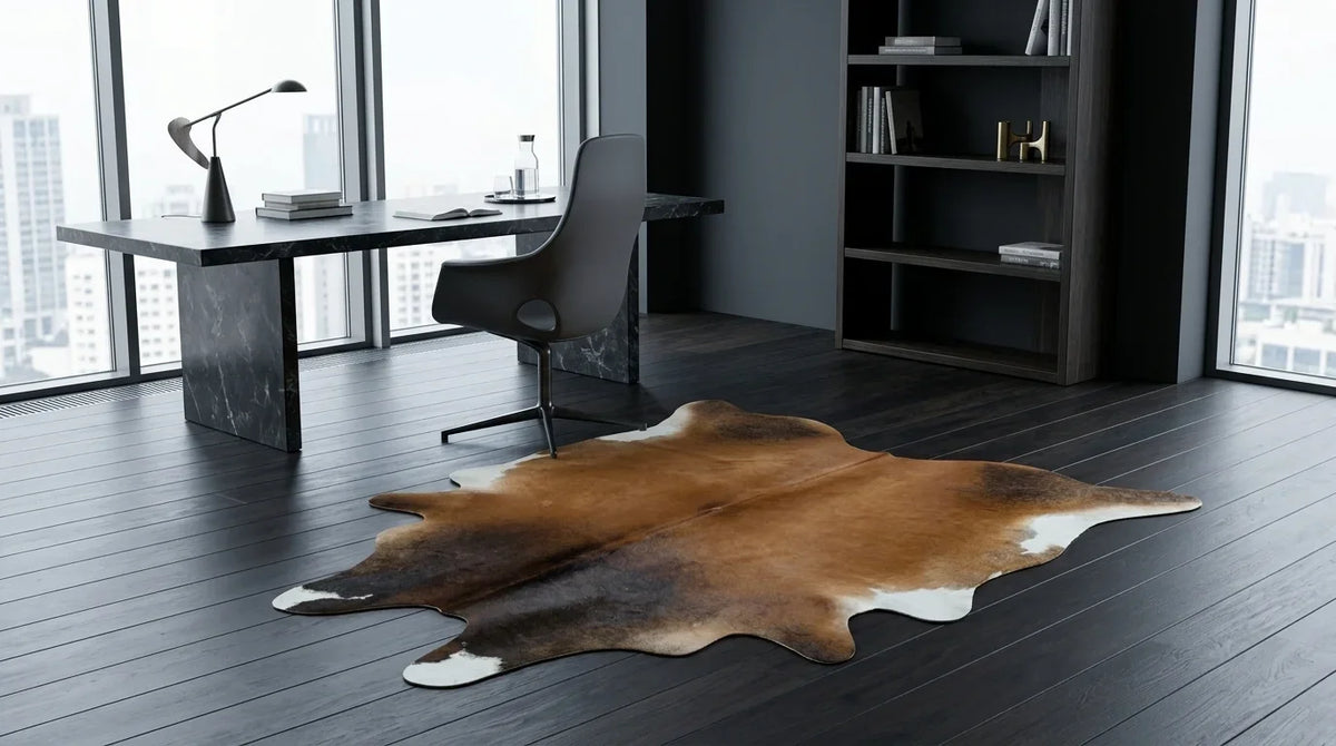 Tricolor cowhide rug under desk in milano penthouse home office
