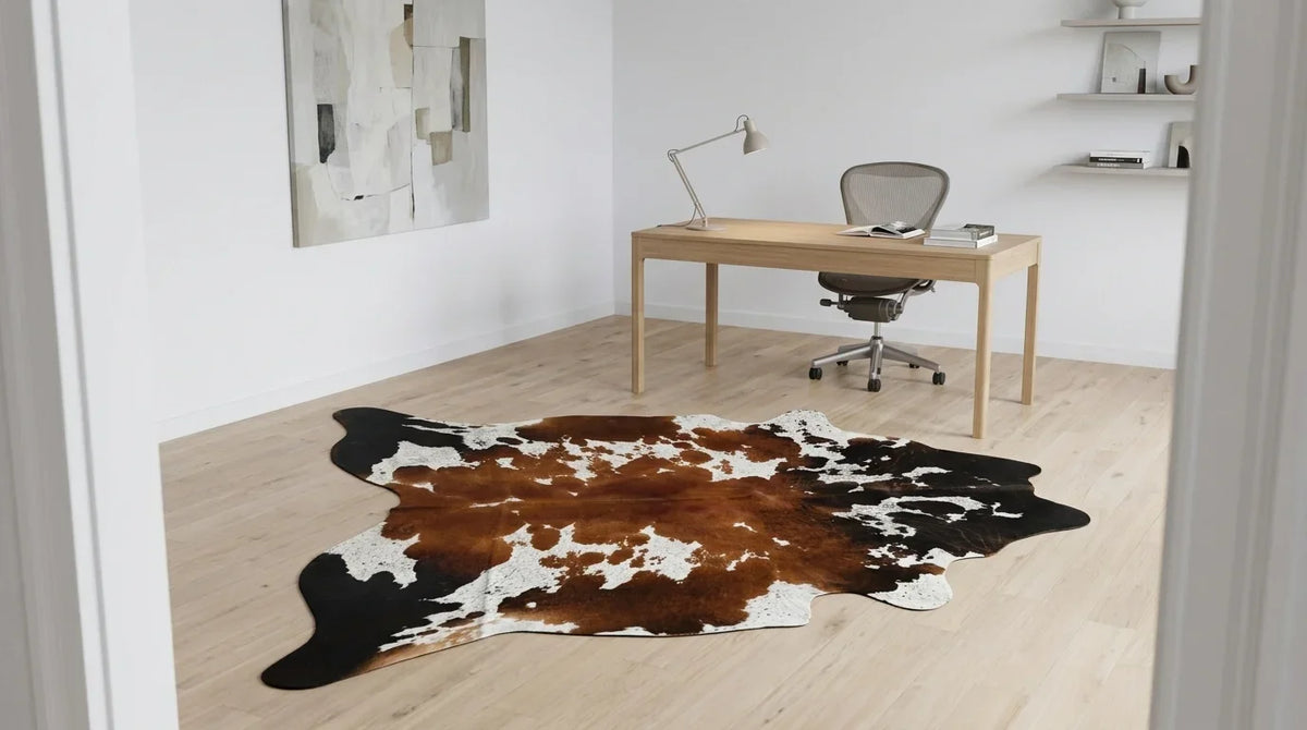 Tricolor cowhide rug under desk in contemporary european home office