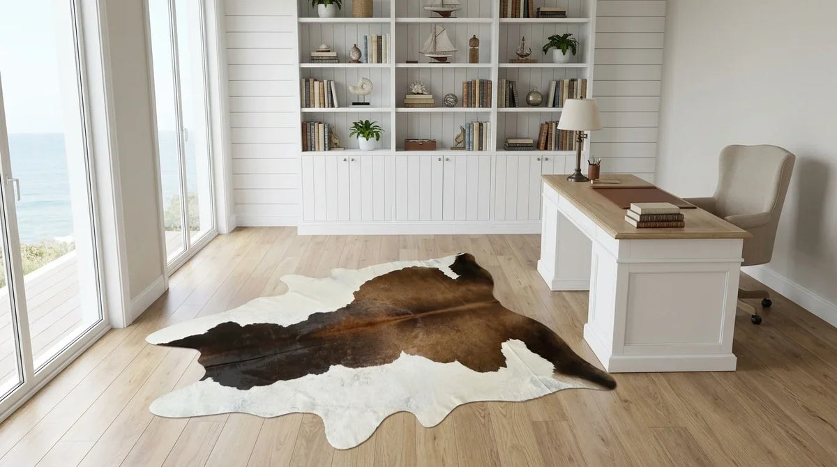 Tricolor cowhide rug under desk in Hamptons Coastal home office