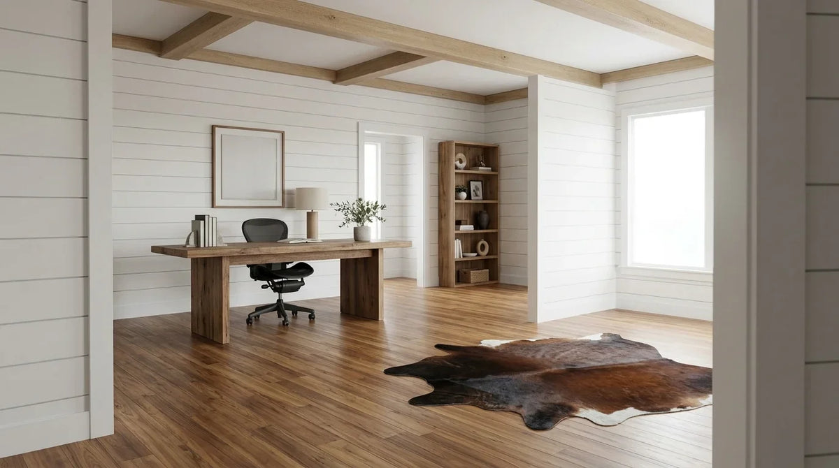 Tricolor cowhide rug under desk in modern farmhouse home office