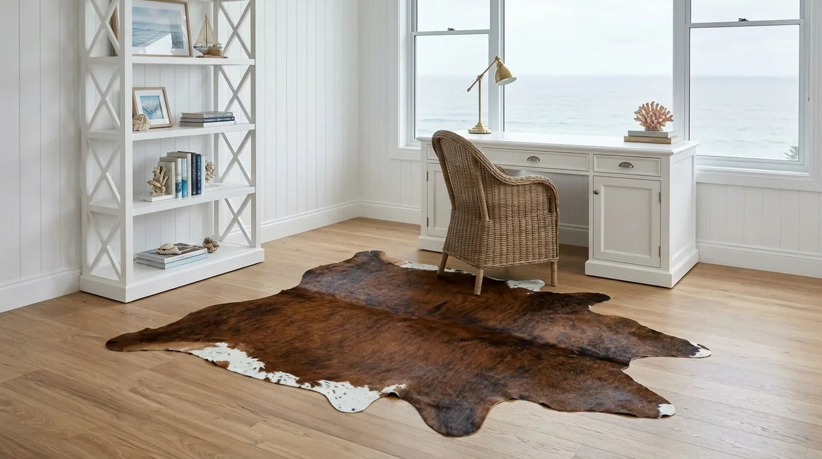 Tricolor cowhide rug under desk in hamptons coastal home office