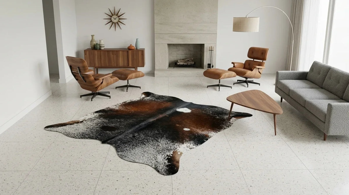 Tricolor cowhide rug on hardwood floor in midcentury modern living room