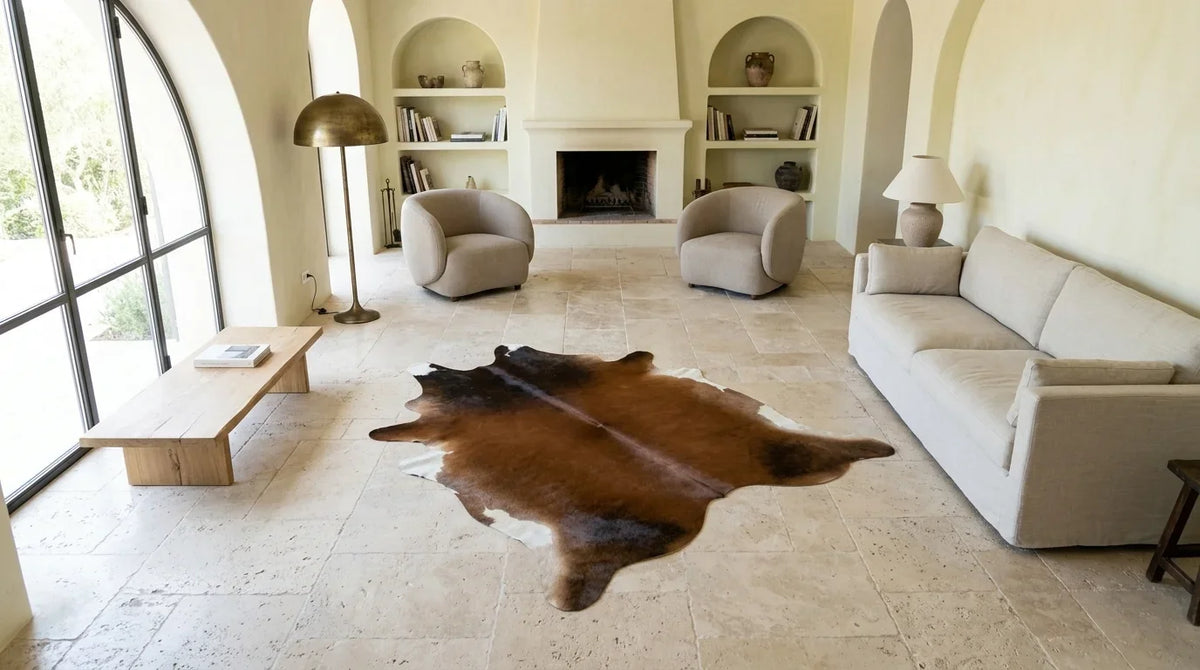 Tricolor cowhide rug on hardwood floor in organic mediterranean living room
