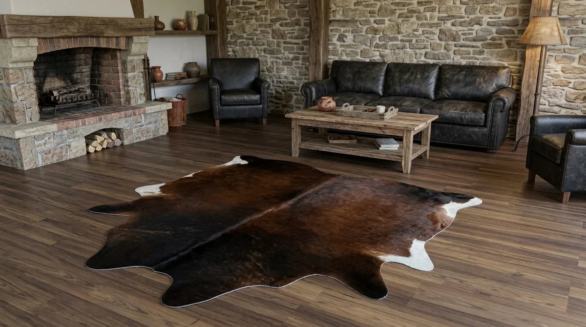 Tricolor cowhide rug on hardwood floor in texas ranch living room