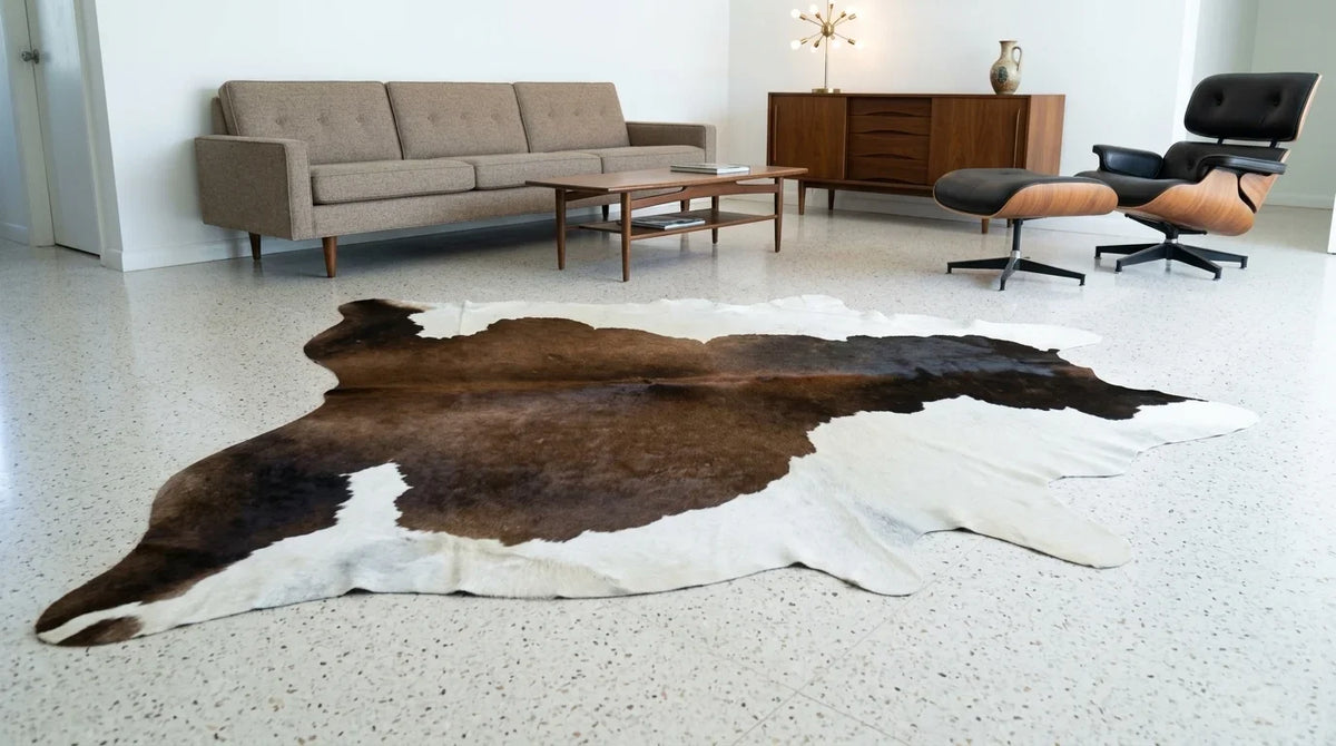 Tricolor cowhide rug on hardwood floor in midcentury modern living room
