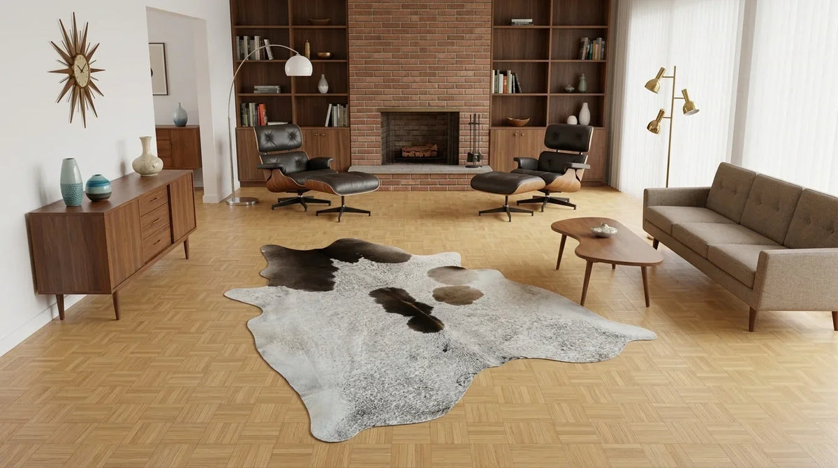 Tricolor cowhide rug on hardwood floor in midcentury modern living room