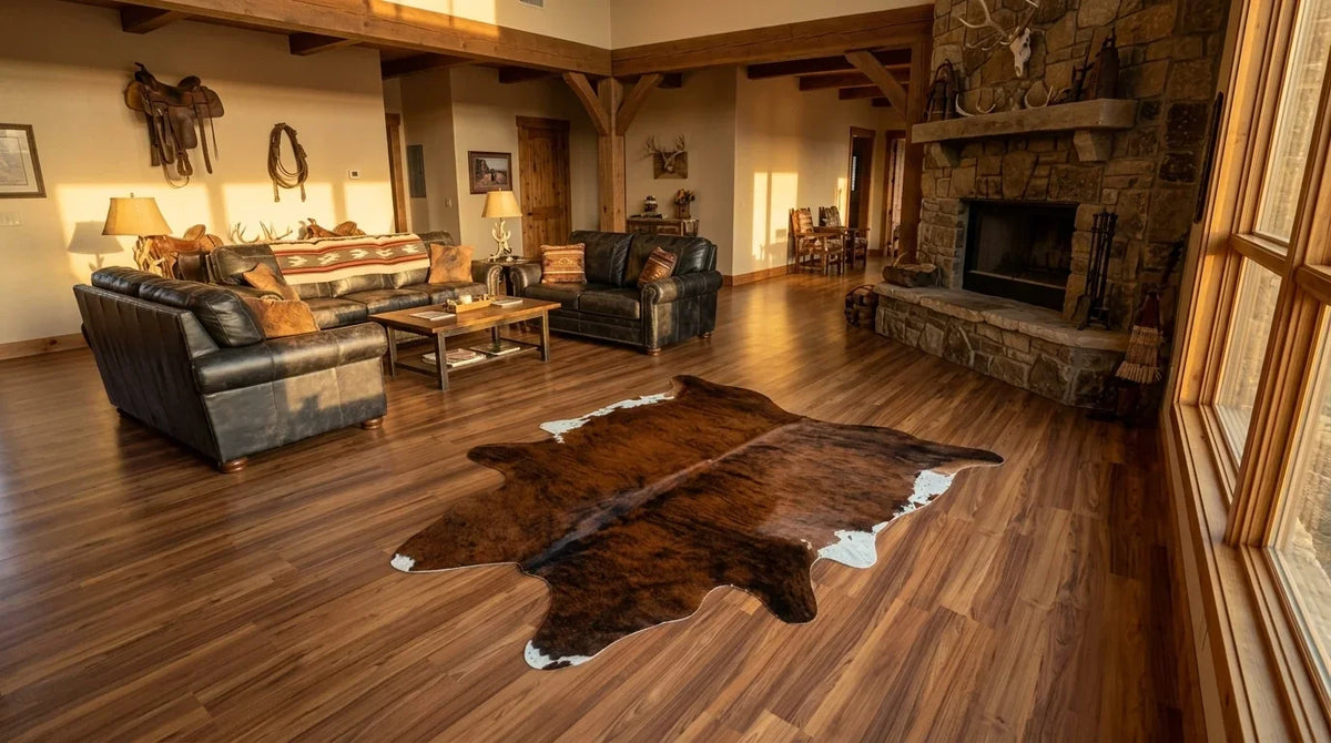 Tricolor cowhide rug on hardwood floor in texas ranch living room