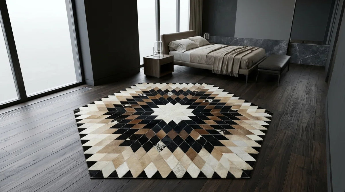 Teppich in Tricolor mit Patchwork im Schlafzimmer im Mailänder Penthouse-Stil