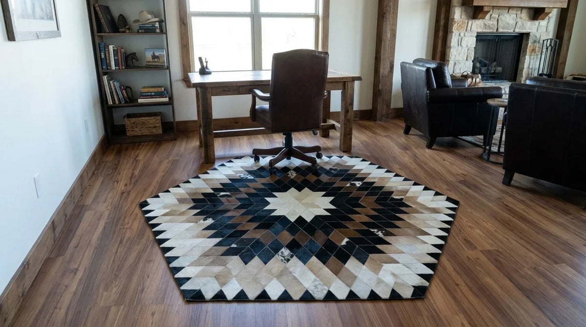 Teppich in Tricolor mit Patchwork im Arbeitszimmer im texanischen Ranchstil